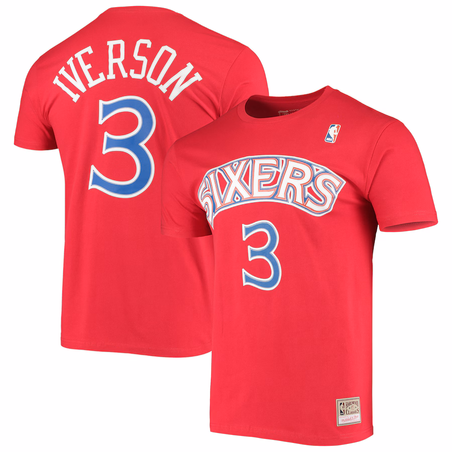 Men's Philadelphia 76ers Allen Iverson Mitchell & Ness Red Hardwood Classics Stitch Name & Number T-Shirt - Ujersey Shop