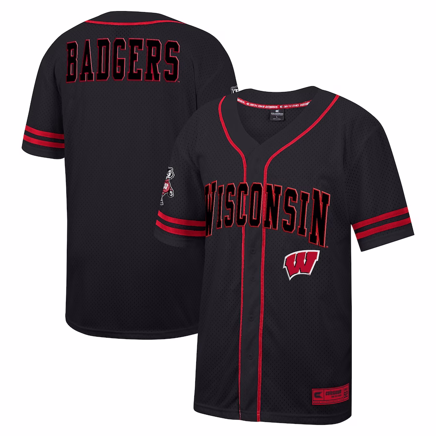Wisconsin Badgers Colosseum Free Spirited Mesh Button-Up Baseball Jersey - Black - Ujersey Shop