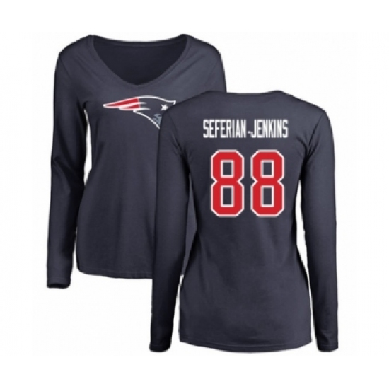 Football Women's New England Patriots #88 Austin Seferian-Jenkins Navy Blue Name & Number Logo Slim Fit Long Sleeve T-Shirt - Ujersey Shop