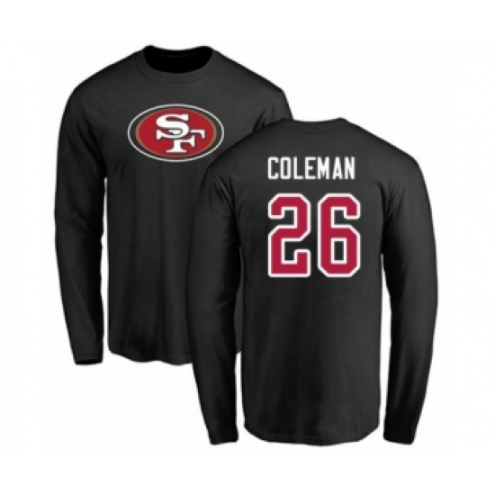 Football San Francisco 49ers #26 Tevin Coleman Black Name & Number Logo Long Sleeve T-Shir - Ujersey Shop