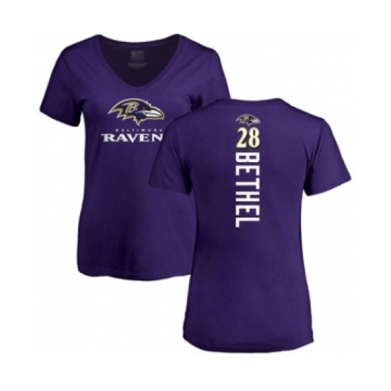 Football Women's Baltimore Ravens #28 Justin Bethel Purple Backer T-Shirt - Ujersey Shop