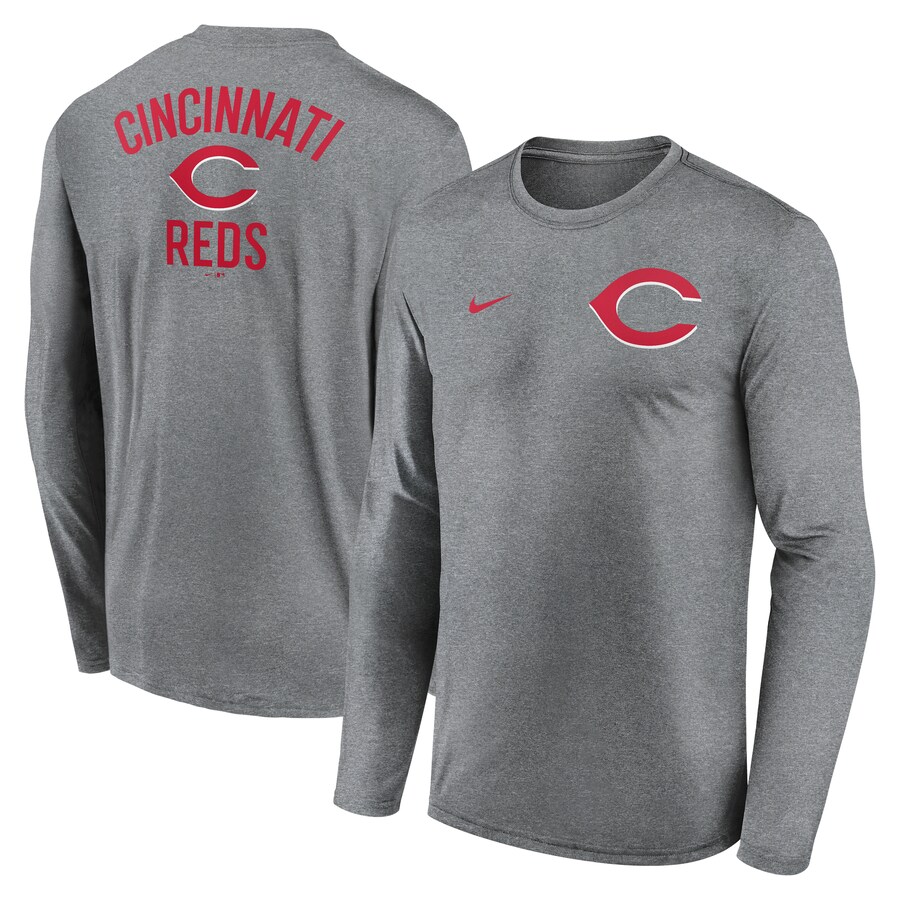 Men's Cincinnati Reds Nike Heather Charcoal 2-Hit Legend Performance Long Sleeve T-Shirt - Ujersey Shop