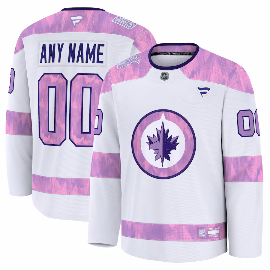 Men's Winnipeg Jets Fanatics White 2024 Hockey Fights Cancer Custom Practice Jersey - Ujersey Shop
