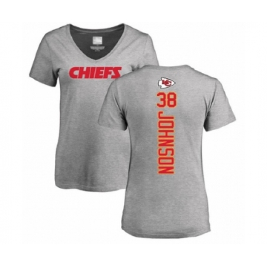 Football Women's Kansas City Chiefs #38 Dontae Johnson Ash Backer V-Neck T-Shirt - Ujersey Shop