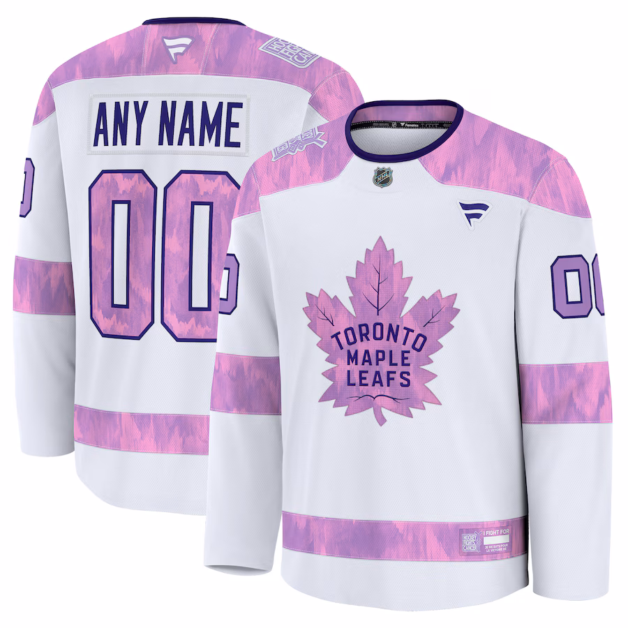 Men's Toronto Maple Leafs Fanatics White 2024 Hockey Fights Cancer Custom Practice Jersey - Ujersey Shop