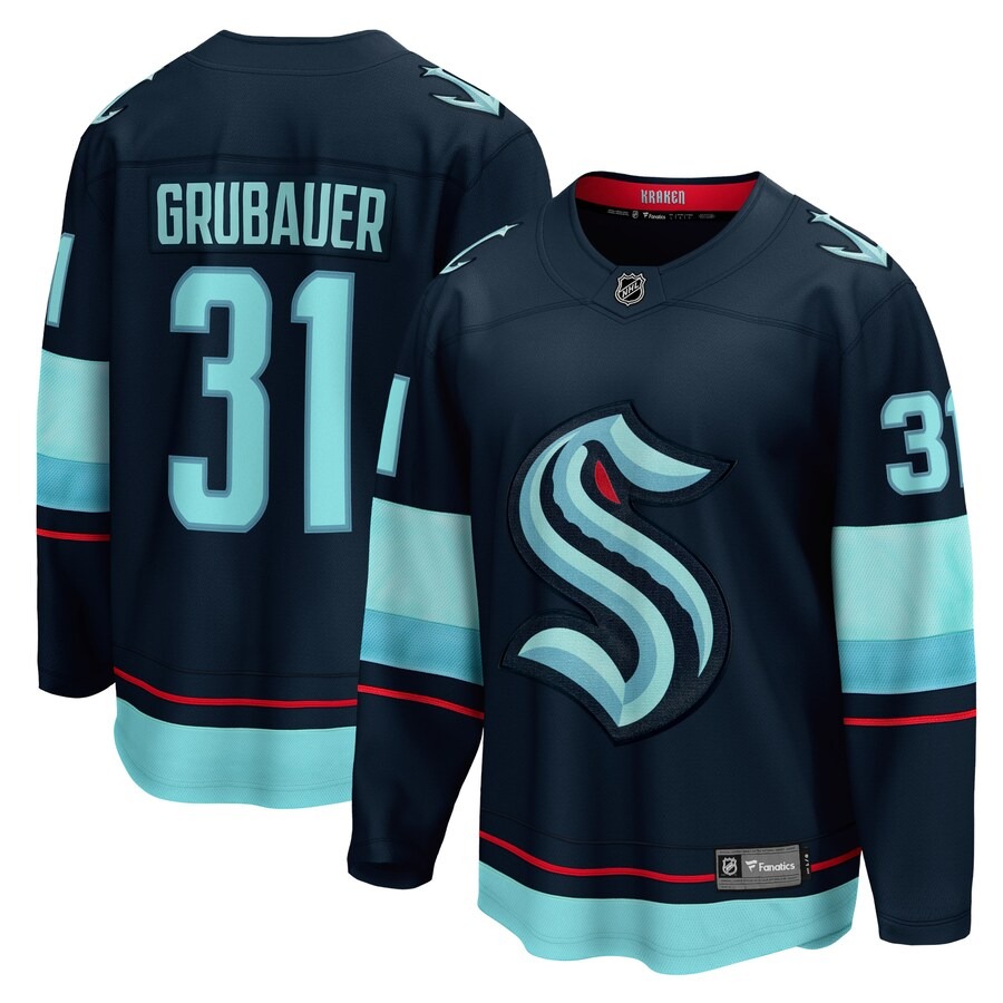 Men's Seattle Kraken Philipp Grubauer Fanatics Branded Deep Sea Blue Home Premier Breakaway Player Jersey - Ujersey Shop