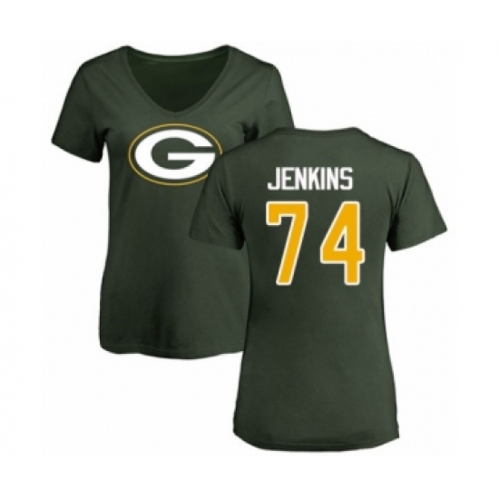 Football Women's Green Bay Packers #74 Elgton Jenkins Green Name & Number Logo T-Shirt - Ujersey Shop