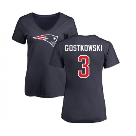 Football Women's New England Patriots #3 Stephen Gostkowski Navy Blue Name & Number Logo Slim Fit T-Shirt - Ujersey Shop