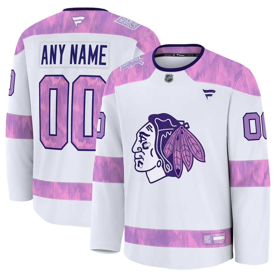 Men's Chicago Blackhawks Fanatics White 2024 Hockey Fights Cancer Custom Practice Jersey - Ujersey Shop