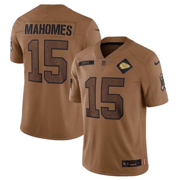 Men’s Kansas City Chiefs #15 Patrick Mahomes 2023 Brown Salute To Service Limited Football Stitched Jersey - Ujersey Shop