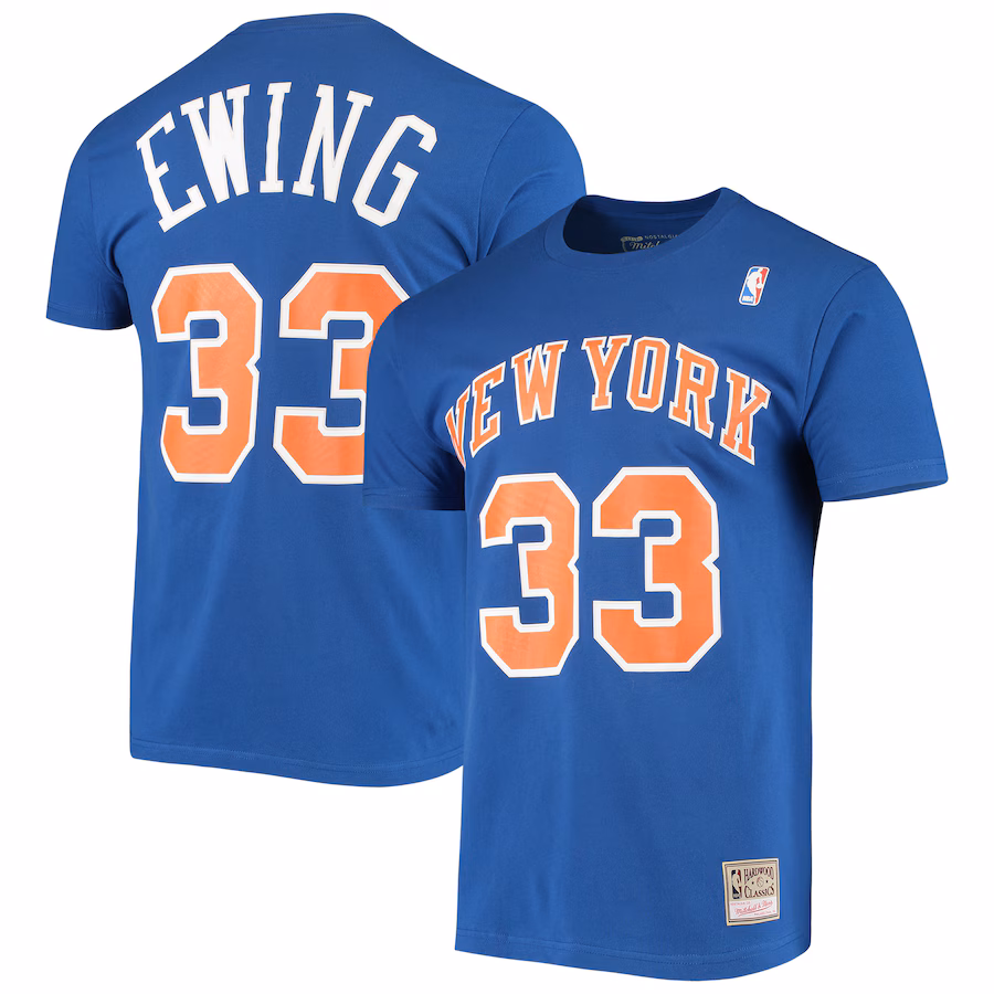 Men's New York Knicks Patrick Ewing Mitchell & Ness Blue Hardwood Classics Stitch Name & Number T-Shirt - Ujersey Shop