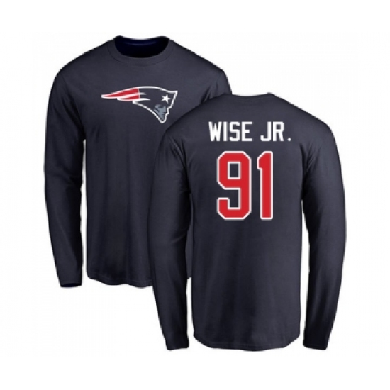 Football New England Patriots #91 Deatrich Wise Jr Navy Blue Name & Number Logo Long Sleeve T-Shirt - Ujersey Shop