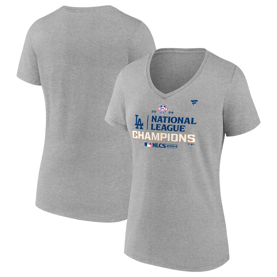 Women's Los Angeles Dodgers Fanatics Heather Gray 2024 National League Champions Locker Room V-Neck T-Shirt - Ujersey Shop