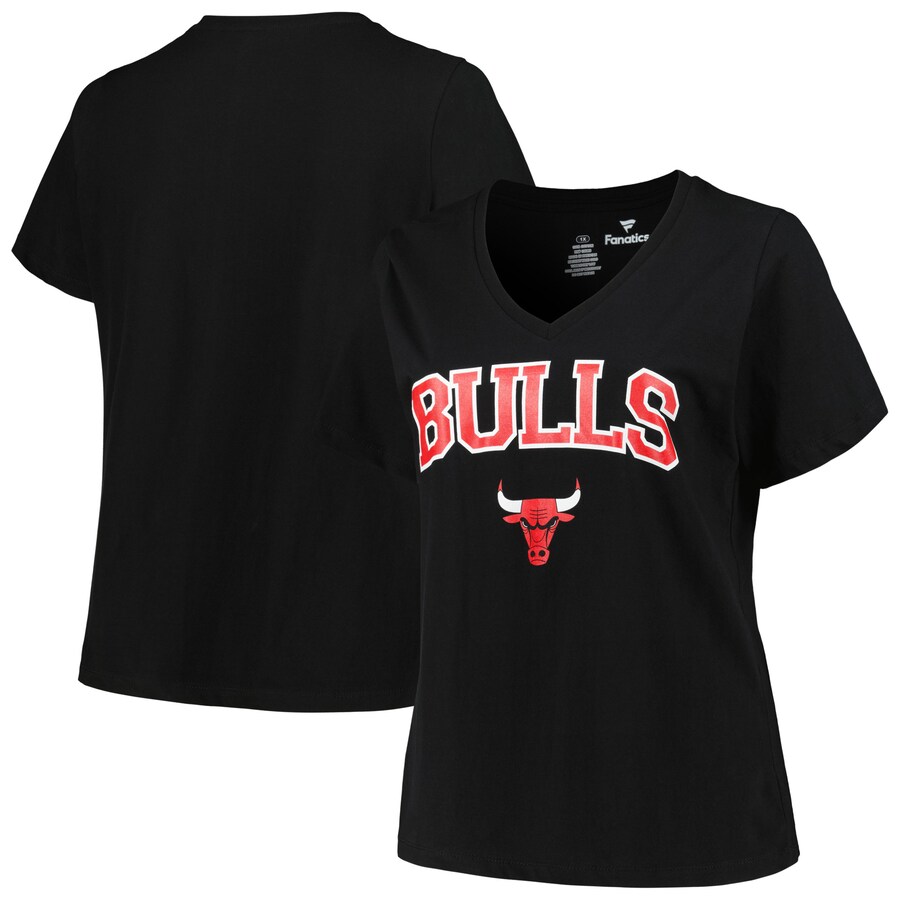 Women's Chicago Bulls Profile Black Plus Size Arch Over Logo V-Neck T-Shirt - Ujersey Shop