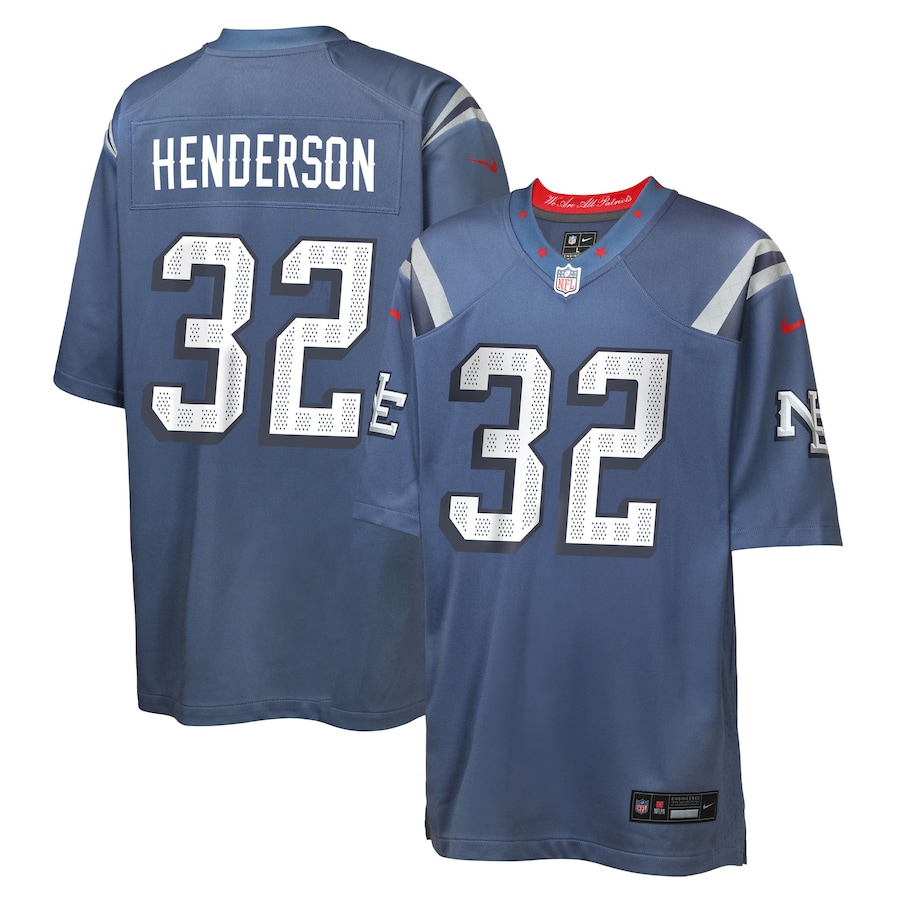 Youth New England Patriots TreVeyon Henderson Nike Storm Blue 2025 Rivalries Collection Game Jersey - Ujersey Shop