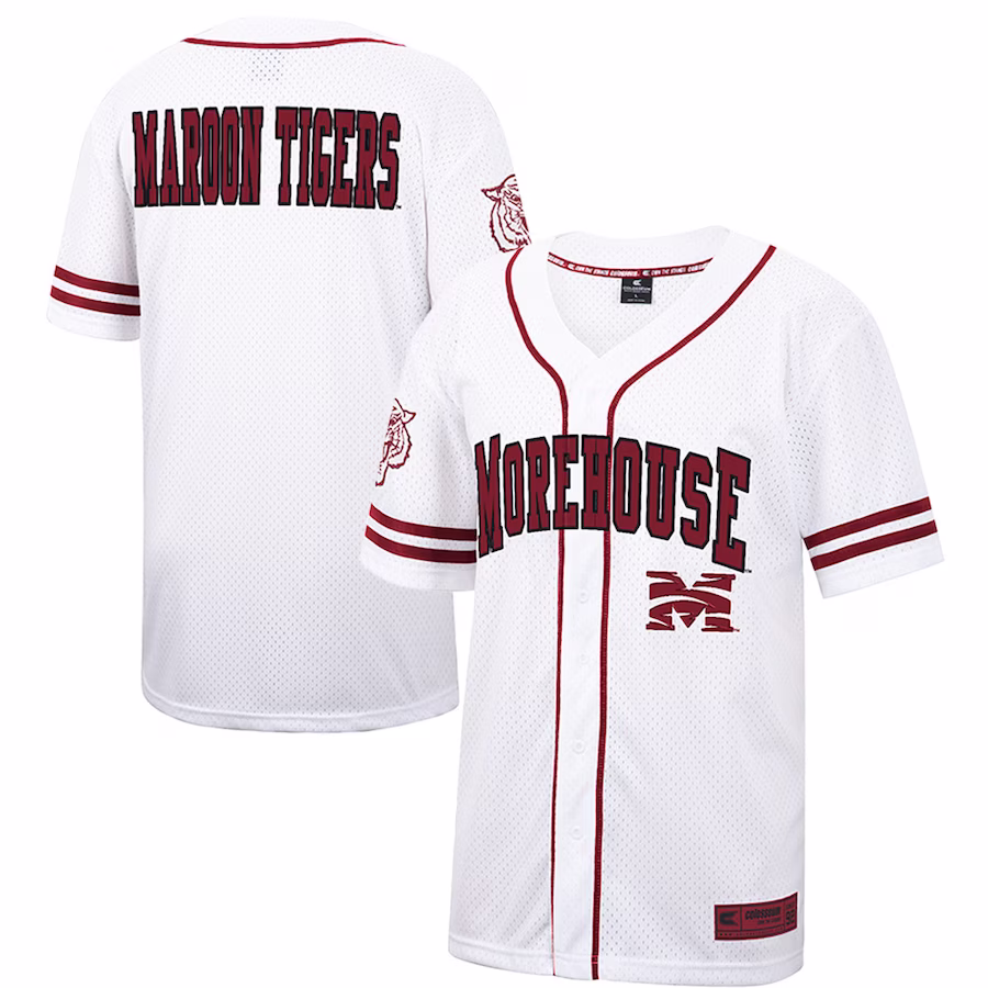 Morehouse Maroon Tigers Colosseum Free Spirited Mesh Button-Up Baseball Jersey - White - Ujersey Shop