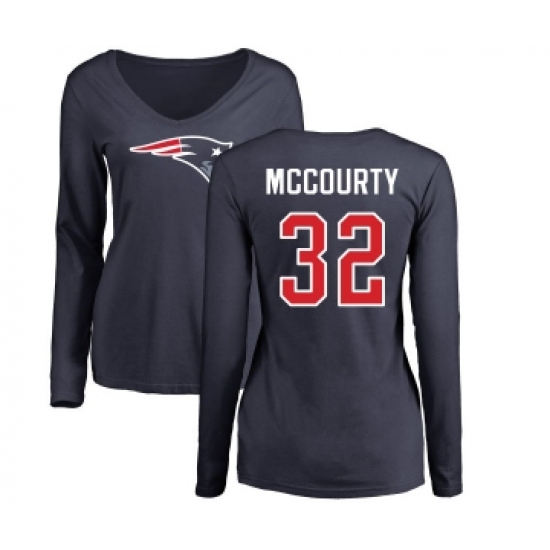 Football Women's New England Patriots #32 Devin McCourty Navy Blue Name & Number Logo Slim Fit Long Sleeve T-Shirt - Ujersey Shop