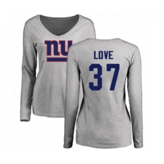 Football Women's New York Giants #37 Julian Love Ash Name & Number Logo Long Sleeve T-Shirt - Ujersey Shop