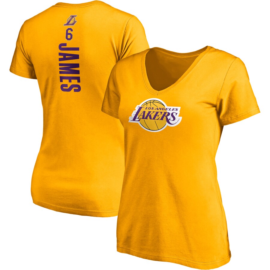 Women's Los Angeles Lakers LeBron James Fanatics Gold Logo Playmaker Name & Number V-Neck T-Shirt - Ujersey Shop