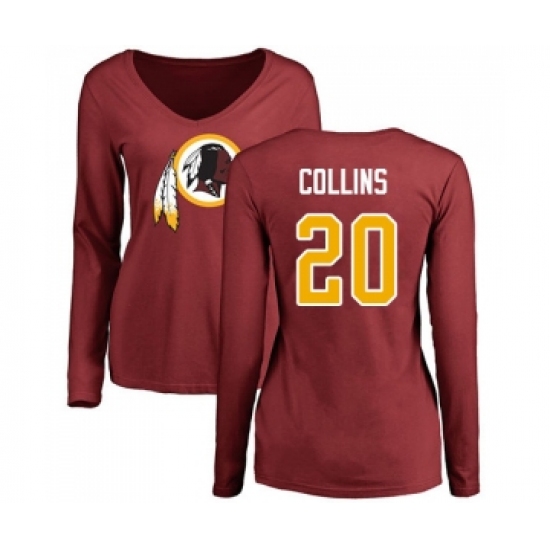Football Women's Washington Redskins #20 Landon Collins Maroon Name & Number Logo Long Sleeve T-Shirt - Ujersey Shop