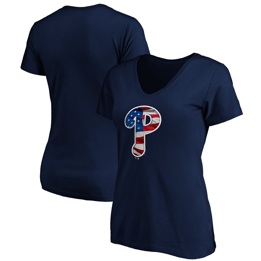 Women's Philadelphia Phillies Logo Navy Banner Wave V-Neck T-Shirt - Ujersey Shop
