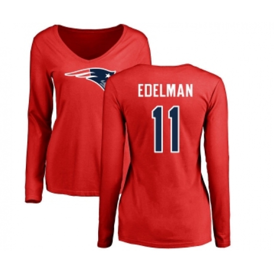 Football Women's New England Patriots #11 Julian Edelman Red Name & Number Logo Slim Fit Long Sleeve T-Shirt - Ujersey Shop