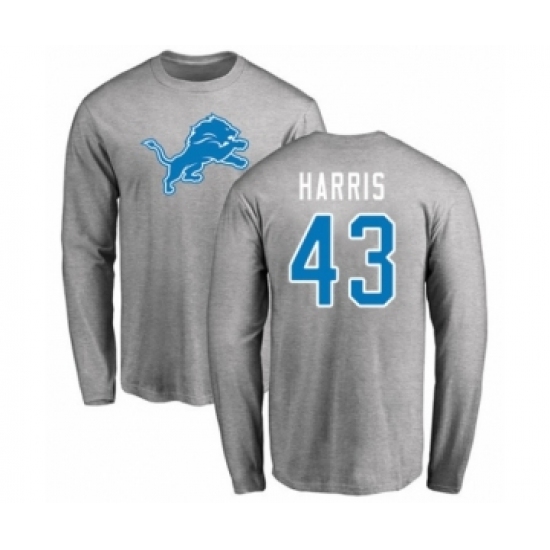 Football Detroit Lions #43 Will Harris Ash Name & Number Logo Long Sleeve T-Shirt - Ujersey Shop