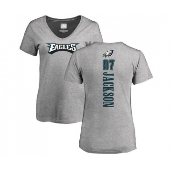 Women's Philadelphia Eagles #97 Malik Jackson Ash Backer V-Neck T-Shirt - Ujersey Shop