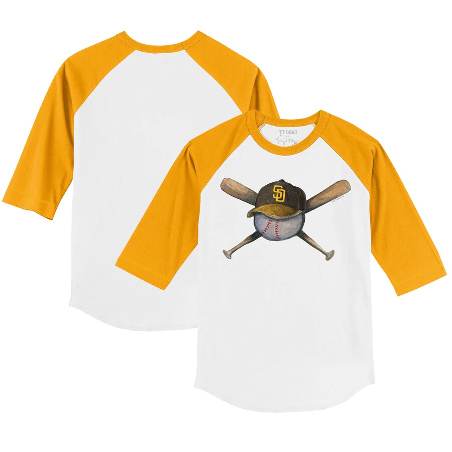 Youth San Diego Padres Tiny Turnip White/Gold Hat Crossbats 3/4-Sleeve Raglan T-Shirt - Ujersey Shop