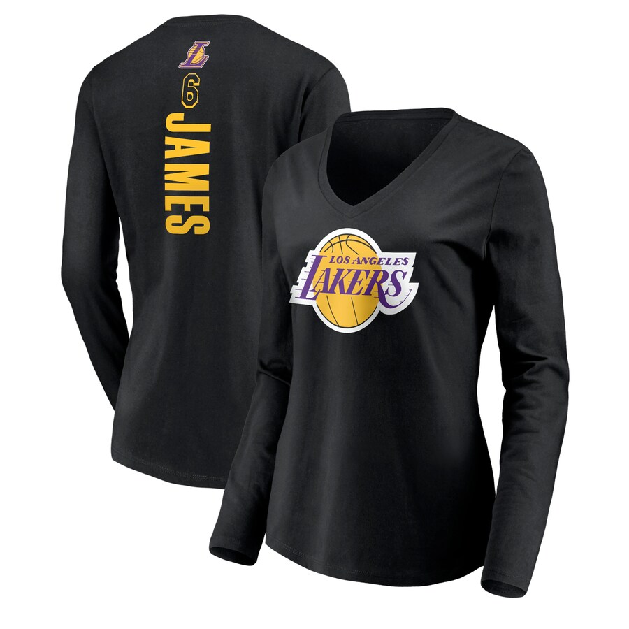 Women's Los Angeles Lakers LeBron James Black #6 Playmaker Name & Number Long Sleeve V-Neck T-Shirt - Ujersey Shop