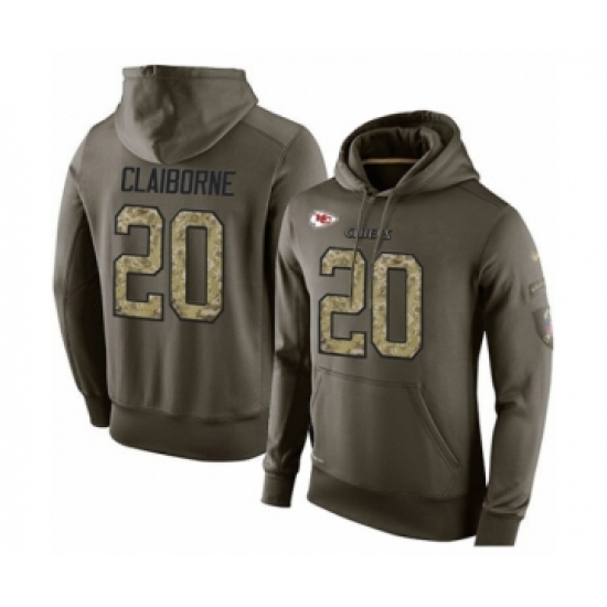Football Men's Kansas City Chiefs #20 Morris Claiborne Green Salute To Service Pullover Hoodie - Ujersey Shop