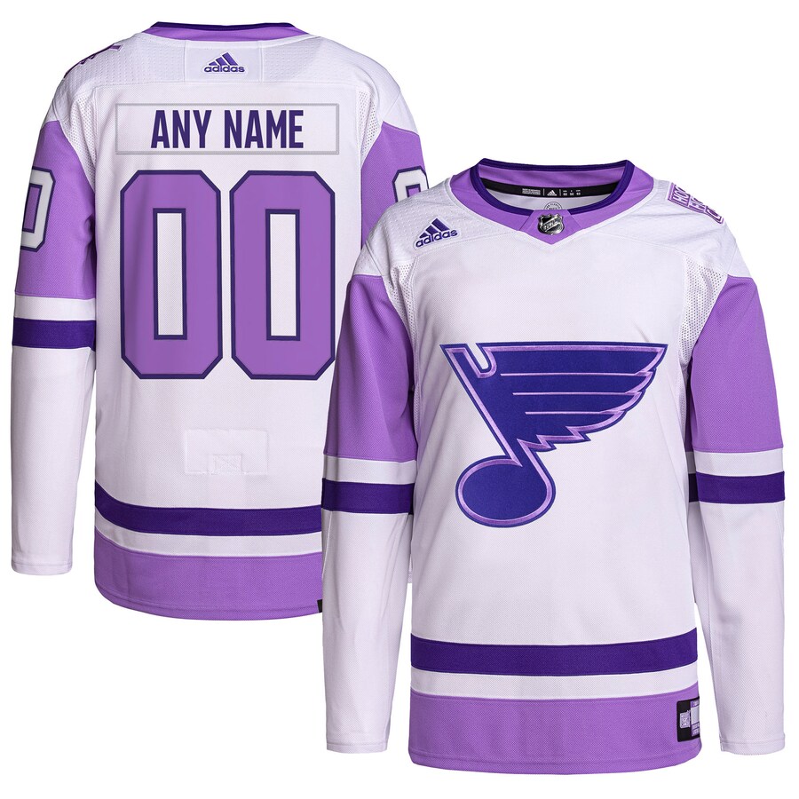 Men's St. Louis Blues adidas White/Purple Hockey Fights Cancer Primegreen Authentic Custom Jersey - Ujersey Shop