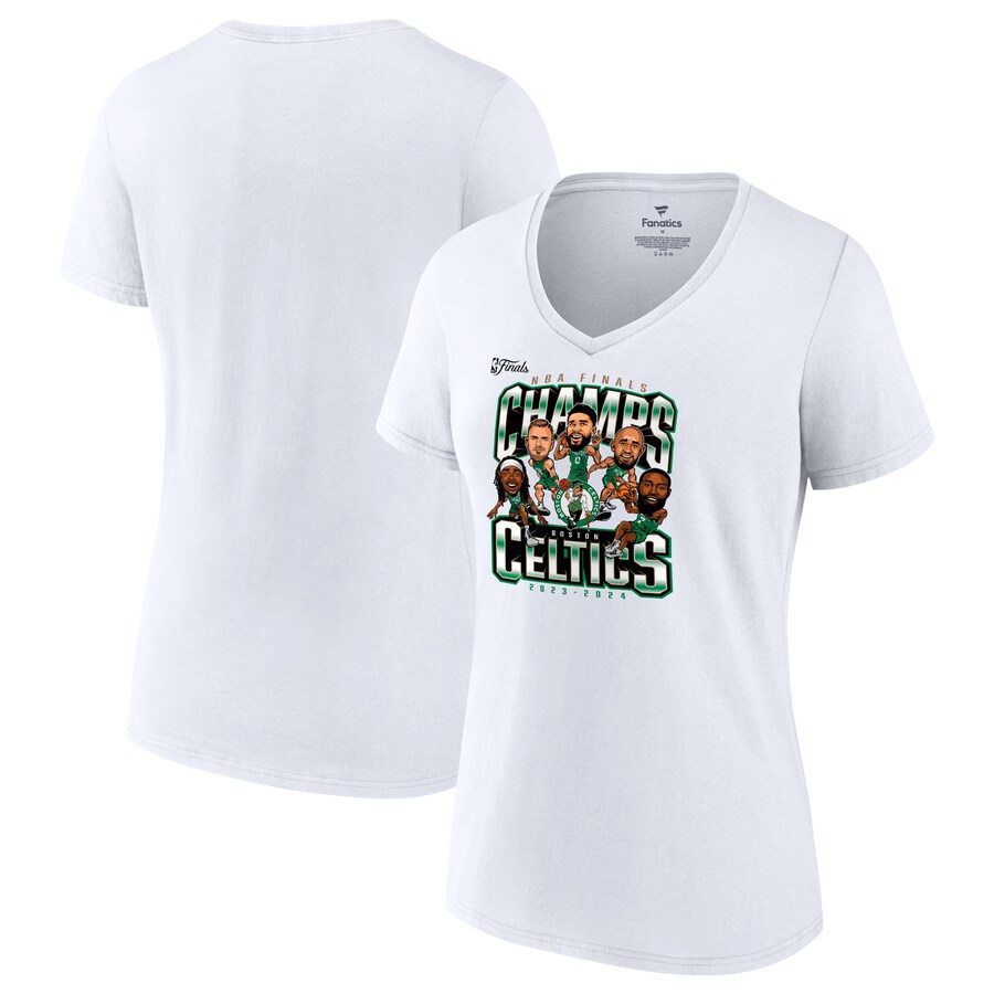 Women's Boston Celtics Fanatics White 2024 NBA Finals Champions Pull Up Jumper Caricature V-Neck T-Shirt - Ujersey Shop