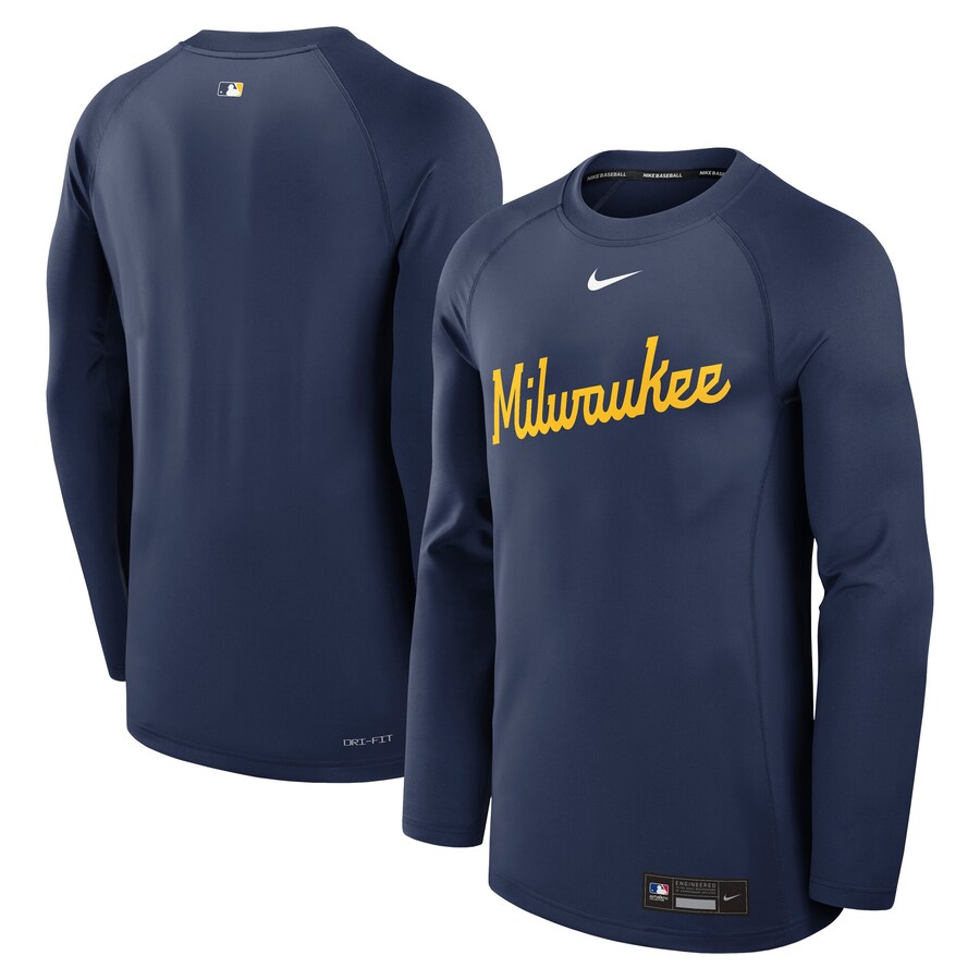 Men's Milwaukee Brewers Nike Navy Authentic Collection Game Time Raglan Performance Long Sleeve T-Shirt - Ujersey Shop