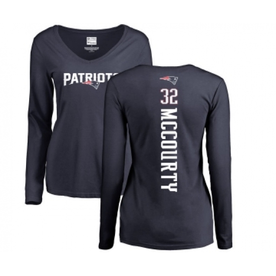 Football Women's New England Patriots #32 Devin McCourty Navy Blue Backer Slim Fit Long Sleeve T-Shirt - Ujersey Shop