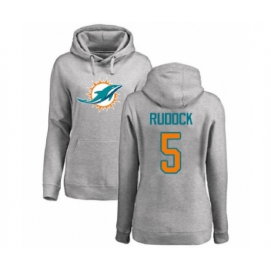 Football Women's Miami Dolphins #5 Jake Rudock Ash Name & Number Logo Pullover Hoodie - Ujersey Shop