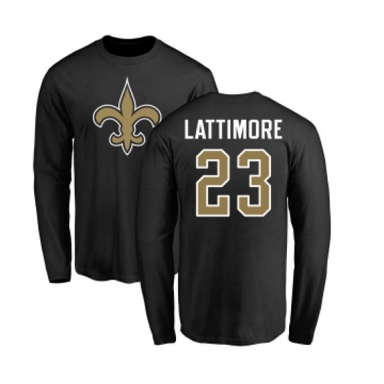 Football New Orleans Saints #23 Marshon Lattimore Black Name & Number Logo Long Sleeve T-Shirt - Ujersey Shop