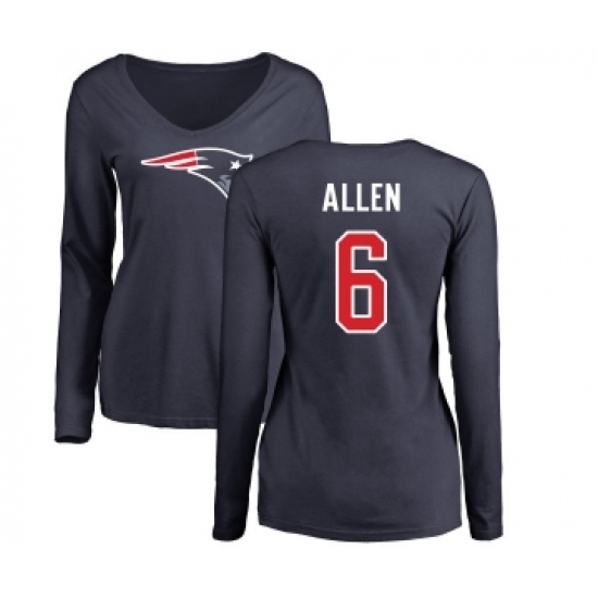 Football Women's New England Patriots #6 Ryan Allen Navy Blue Name & Number Logo Slim Fit Long Sleeve T-Shirt - Ujersey Shop