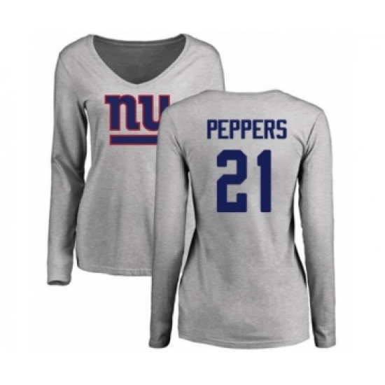 Football Women's New York Giants #21 Jabrill Peppers Ash Name & Number Logo Long Sleeve T-Shirt - Ujersey Shop