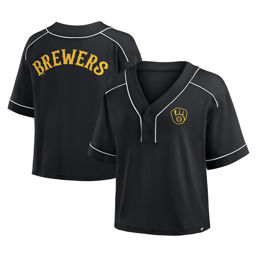 Women's Milwaukee Brewers Fanatics Black Oversized Champ Game Cropped V-Neck T-Shirt - Ujersey Shop