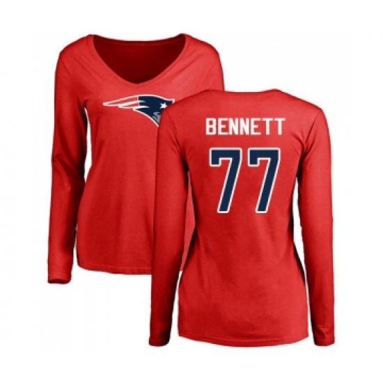 Football Women's New England Patriots #77 Michael Bennett Red Name & Number Logo Slim Fit Long Sleeve T-Shirt - Ujersey Shop