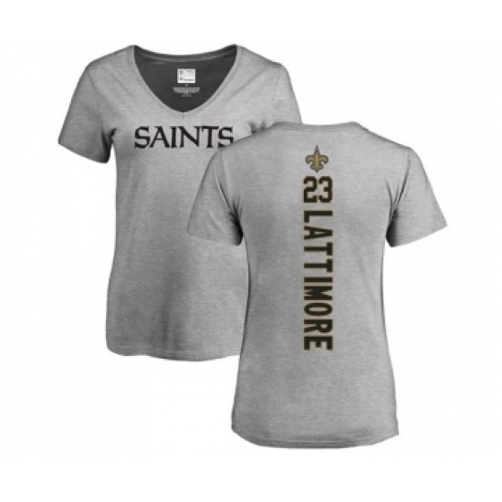 Football Women's New Orleans Saints #23 Marshon Lattimore Ash Backer V-Neck T-Shirt - Ujersey Shop