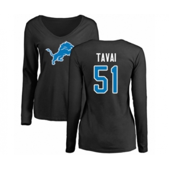 Football Women's Detroit Lions #51 Jahlani Tavai Black Name & Number Logo Long Sleeve T-Shirt - Ujersey Shop