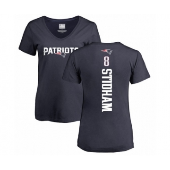Football Women's New England Patriots #8 Jarrett Stidham Navy Blue Backer T-Shirt - Ujersey Shop