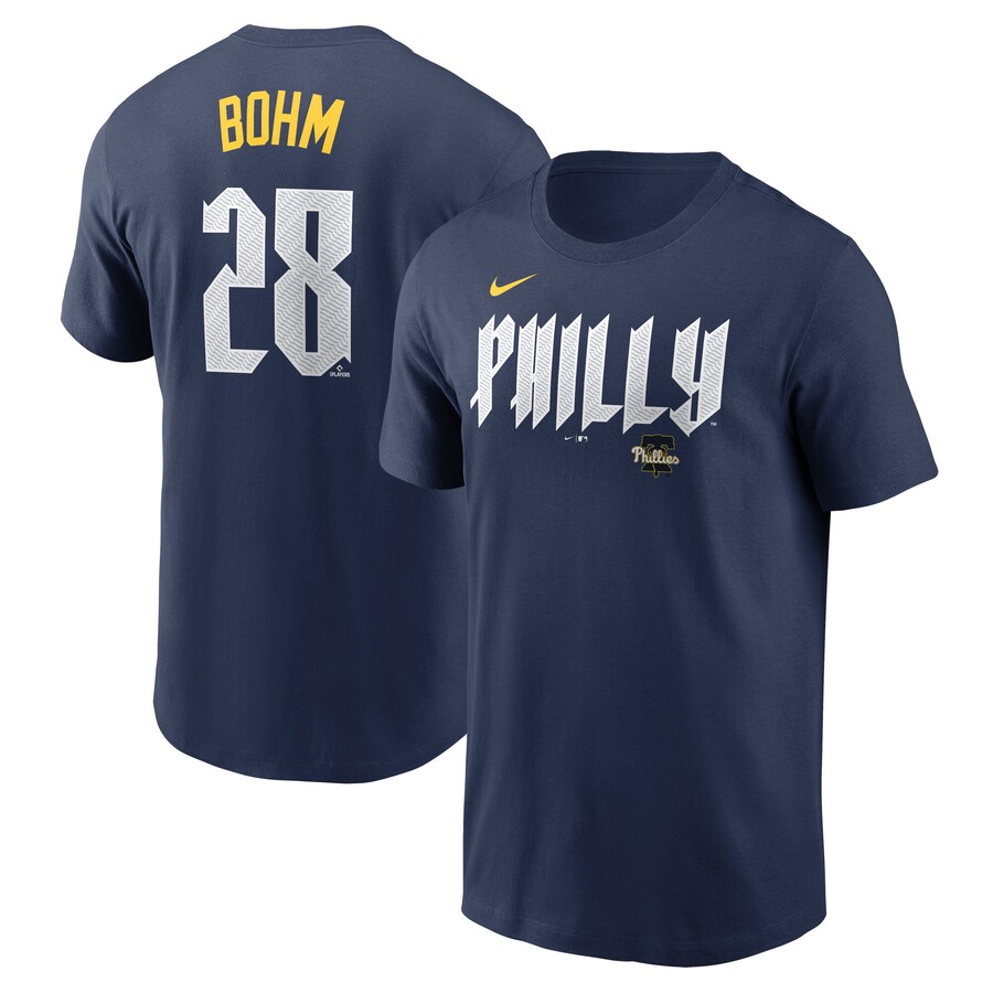 Men's Philadelphia Phillies Alec Bohm Nike Navy 2024 City Connect Fuse Name & Number T-Shirt - Ujersey Shop