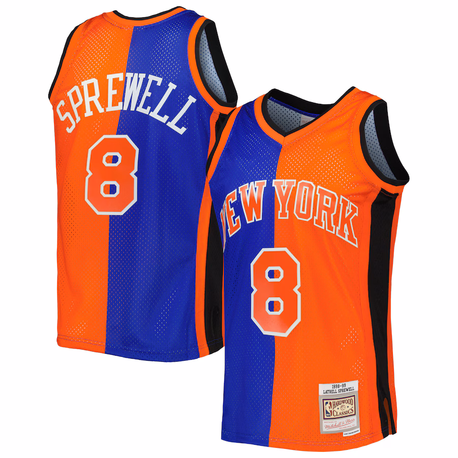 Men's New York Knicks Latrell Sprewell Mitchell & Ness Blue/Orange Hardwood Classics 1998/99 Split Swingman Jersey - Ujersey Shop