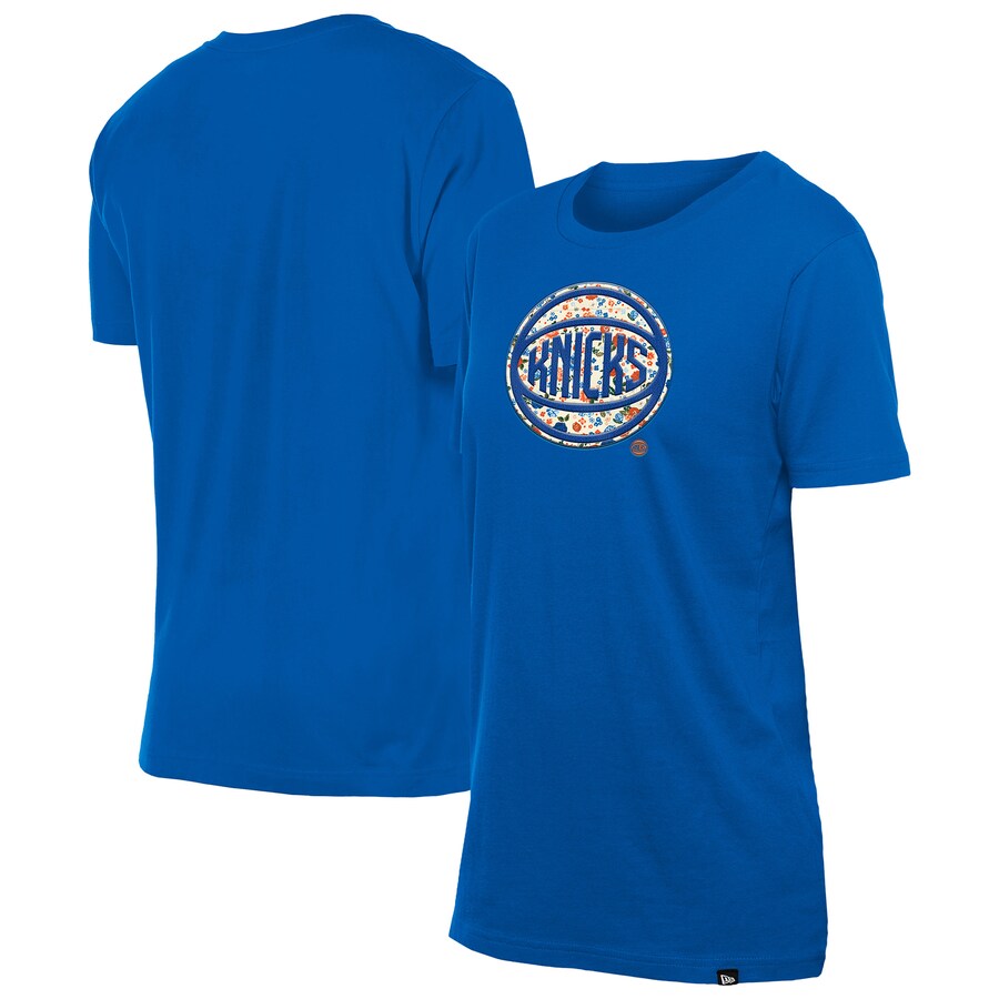 Women's New York Knicks New Era Blue Glam Game Flower T-Shirt - Ujersey Shop