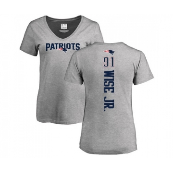 Football Women's New England Patriots #91 Deatrich Wise Jr Ash Backer V-Neck T-Shirt - Ujersey Shop