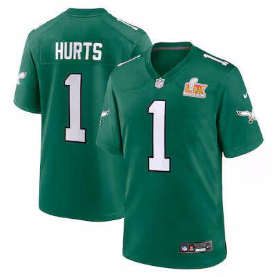 Men's Philadelphia Eagles Jalen Hurts Nike Kelly Green Super Bowl LIX 2nd Alternate Game Jersey - Ujersey Shop