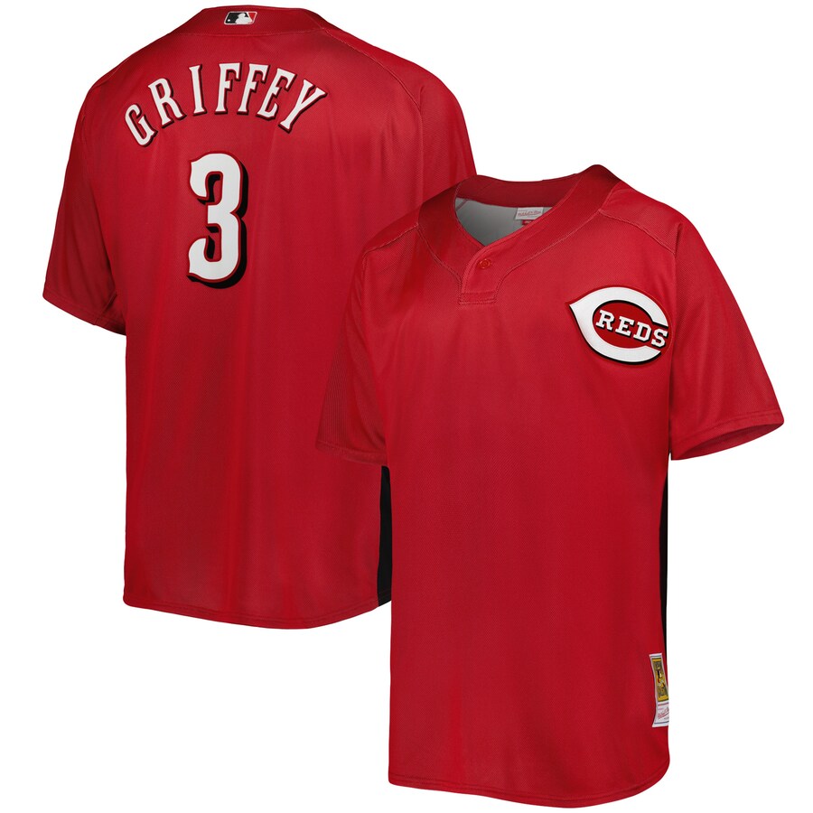 Men's Cincinnati Reds Ken Griffey Jr. Mitchell & Ness Red Cooperstown Collection Mesh Batting Practice Button-Up Jersey - Ujersey Shop